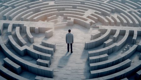 A man stares into a maze trying to navigate a complex path