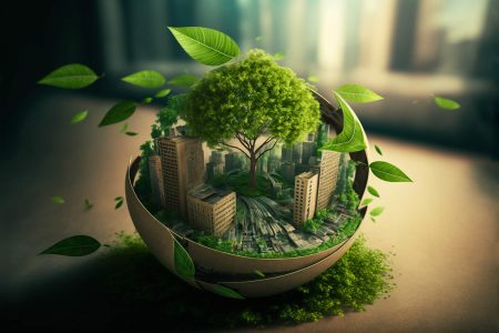 ESG concept - shows a city with green plants growing in and around it