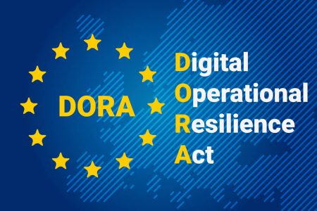 DORA - digital operational resilience act. EU map and flag.
