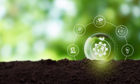 Climate resilience concept. Gears and globe with leaves on nature background.