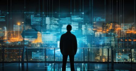 A CISO looks at a bank of screens showing feeds from a global organization