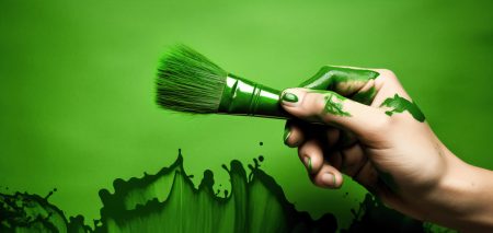 ESG risks: new data shows an increase in greenwashing activities Greenwashing - image shows a hand holding a green paintbrush over a green painted background