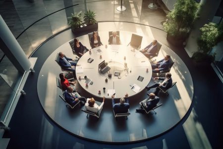 a board meeting in progress. A seat is empty where risk reporting should be.