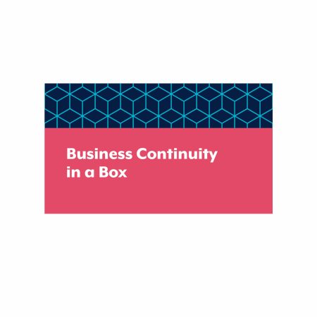 Business Continuity in a Box image - the words on a reddish background with blue cubes above.
