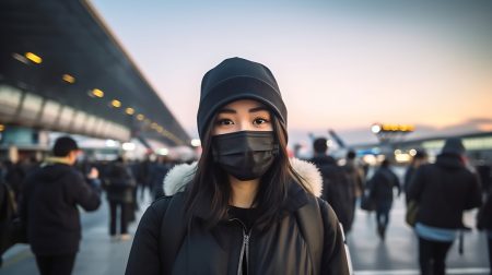 a woman in a face mask looks directly at a camera