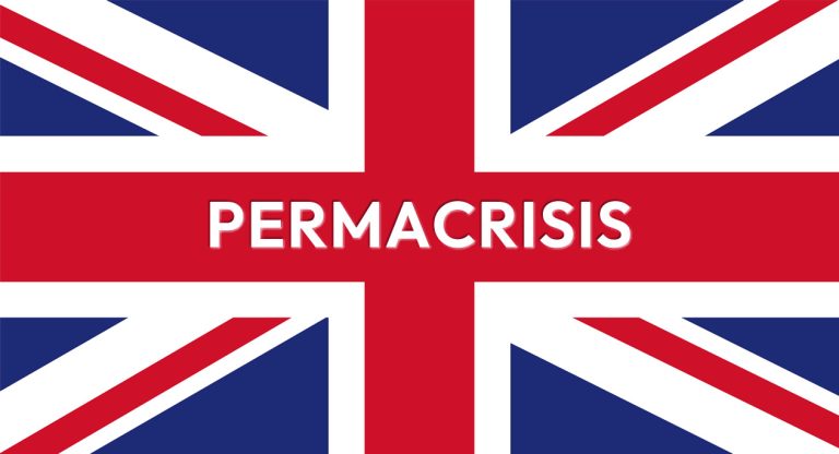 permacrisis - Resilience Forward A UK flag with permacrisis word running through the centre