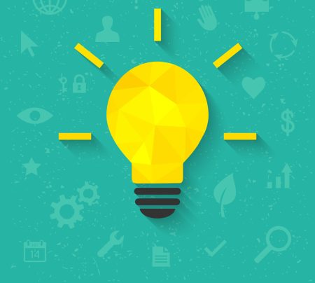 Concept showing a bright idea - a lightbulb in cartoon style above a background of business icons