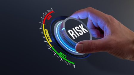The current state of risk management within businesses Risk management and mitigation to reduce exposure. Concept with manager's hand turning knob to low level.