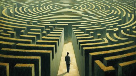 Concept shows a business man walking into a maze: showing the complex mix of risks needing managing.