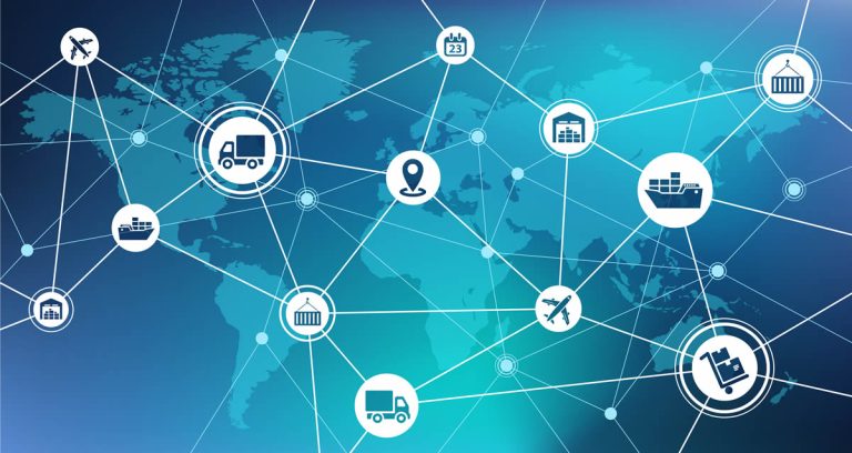 Supply chain resilience - Resilience Forward Abstract concept with world map background and connected icons related to the global supply chain