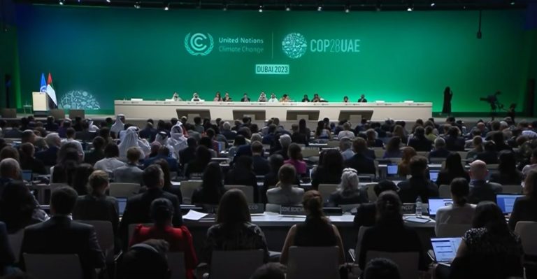 A screen grab from a UNIFEED video of the closing session of the COP28