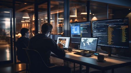 A scene showcasing a team of software developers coding, collaborating, and testing applications in a modern development environment.