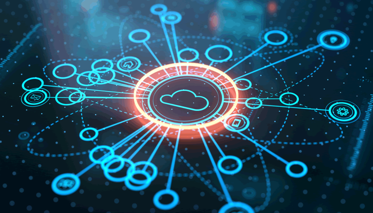 SaaS concept - a central cloud is linked to many dependent applications.