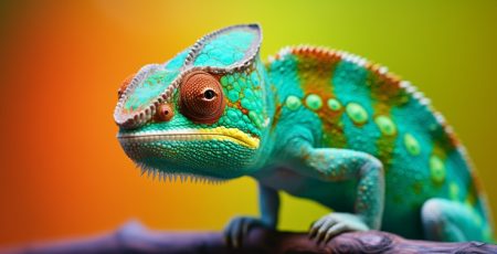 Chameleon on orange background. Change and adaptation concept.
