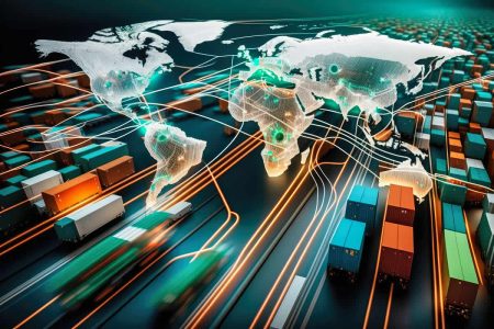 Using AI to build supply chain resilience Seamless network of global logistics transportation system with containers moving across the world.