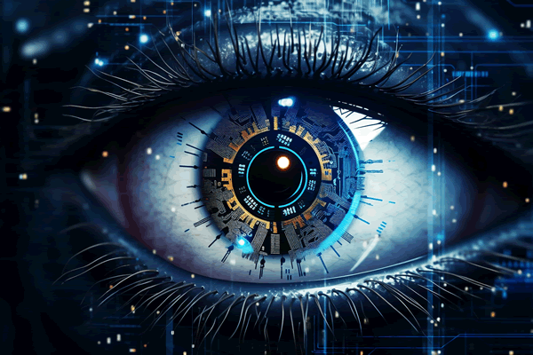 AI future risks - Resilience Forward A human eye overlaid with technology details shows that concept of future AI risks.