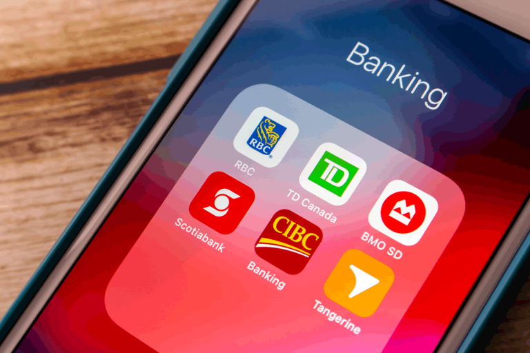 Canadian banking - Resilience Forward Apps on a phone screen show some of Canada's banks which are regulated by OSFI.