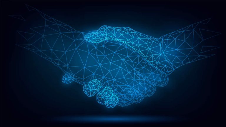 Two digital hands in a handshake, symbolising digital trust.