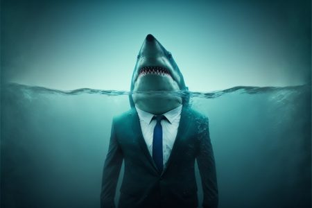 a shark dressed in a business suit rises to the surface if the corporate ocean.