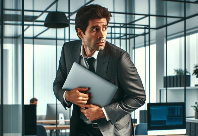 Shadow AI concept - an executive attempts to hide his laptop from scrutiny.