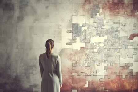 Are there still gaps in the UK Government Resilience Framework? A female executive looks at a jigsaw wall which contains missing pieces.