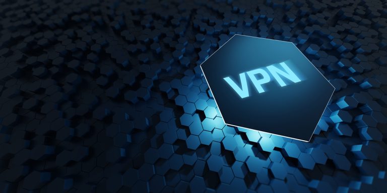 A VPN concept - the words VPN float above a complex network.