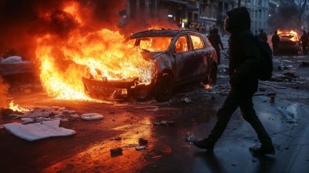 Civil unrest: Urban chaos with multiple vehicles ablaze in street riot.