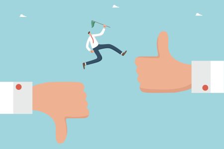 The pros and cons of AI in cyber security: a man man jumps from thumb down to thumb up.