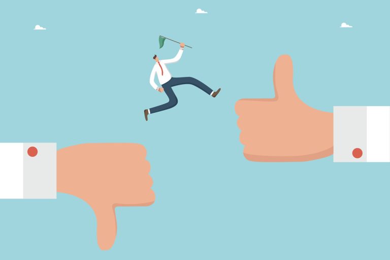 The pros and cons of AI in cyber security: a man man jumps from thumb down to thumb up.