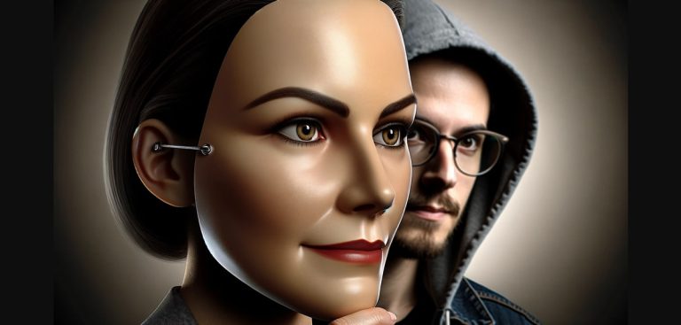 Fake News - Resilience Forward A male hacker hides behind the image of a female CEO.