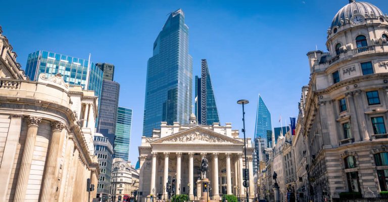 City of London and Bank of England / Royal Exchange in the City of London.