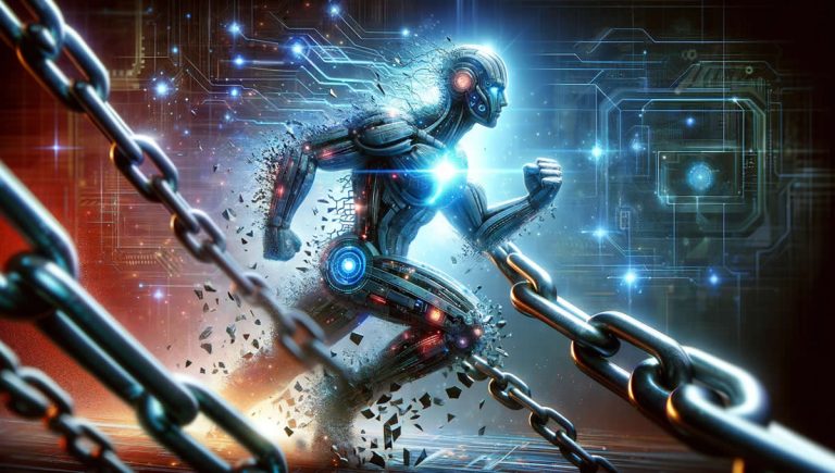 constraining AI - Resilience Forward A digital AI powered giant pushes through chains that attempt to constrain it.