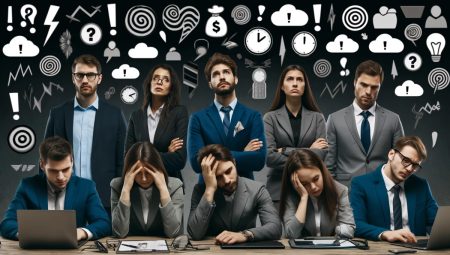 A group of employees showing symptoms of burnout in front of icons depicting permacrisis