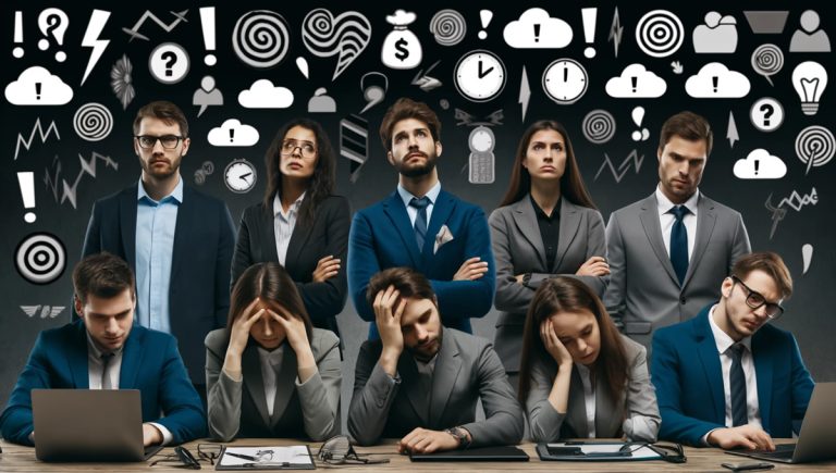 employee burn out - Resilience Forward A group of employees showing symptoms of burnout in front of icons depicting permacrisis