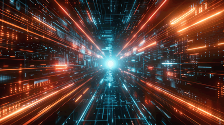 Two thirds of business leaders willing to side-step ethical and security concerns to keep up with tech innovation Abstract technology background with glowing neon fast speed light in empty space.