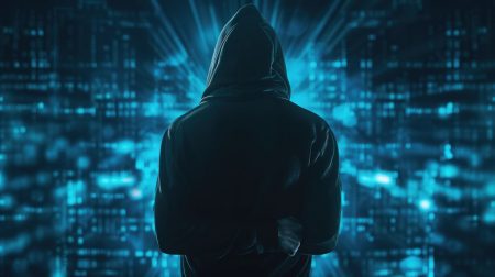 A hooded hacker stands in front of an AI dashboard.