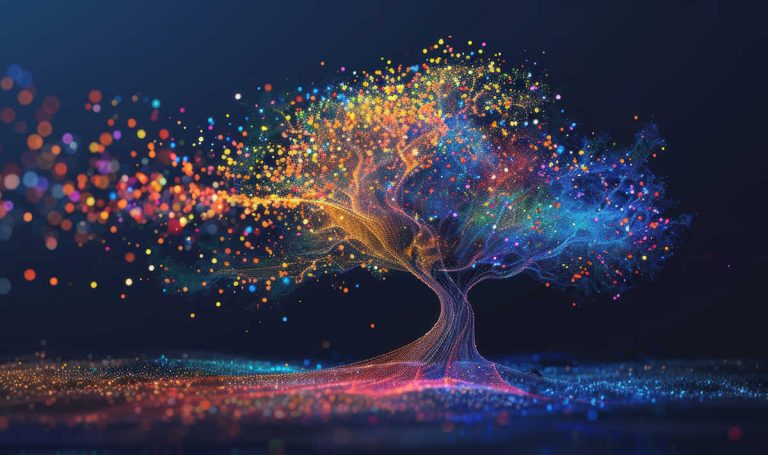 Digital tree created by AI, branches illuminated with data points, representing a comprehensive digital taxonomy.