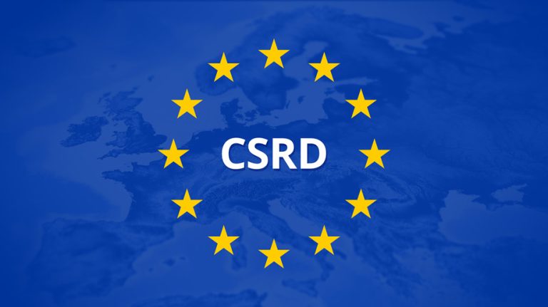 The EU flag with the letters CSRD in the middle.