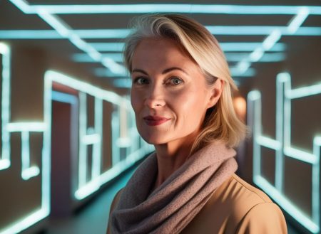 Board resources for AI technologies and risk governance A female board member in front of a technology maze.