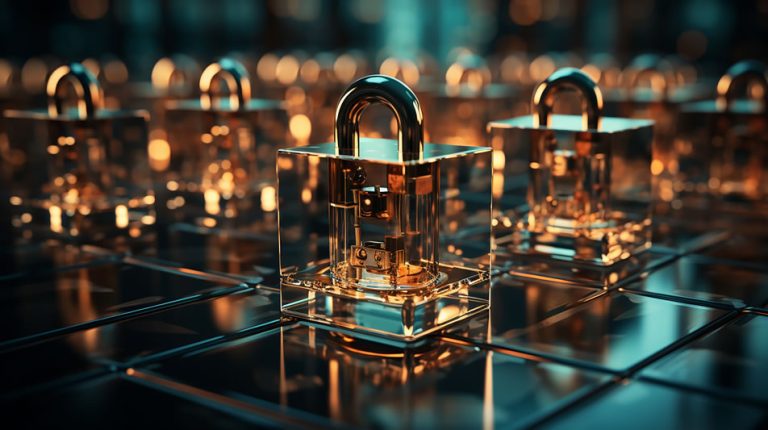 Cyber security concept - a padlock on computer motherboard circuit board
