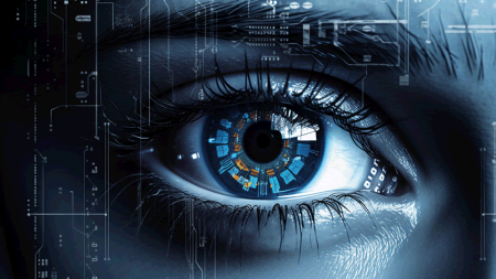 Artificial intelligence and ransomware: cutting through the hype A digital eye illustrates the concept of AI and ransomware.