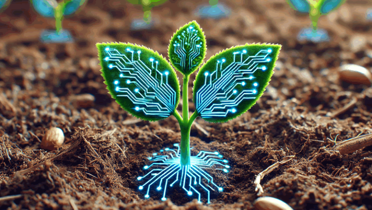 emerging technologies - Resilience Forward A small plant emerging from a seed-bed with digital leaves...