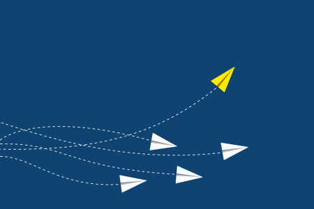 Yellow airplane changing direction and moving ahead of a group of white aeroplanes,