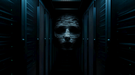 Image of partially visible face in server room, hiding in the shadow