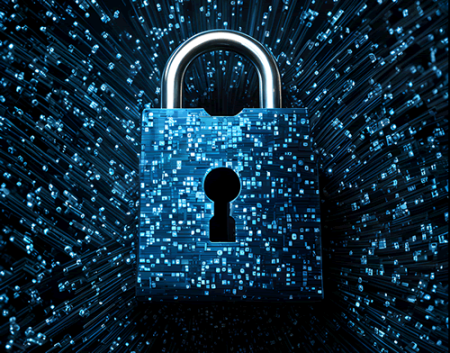 Cyber security concept with padlock and binary code on dark background.