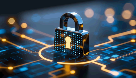 A digital padlock in the centre of data flows.