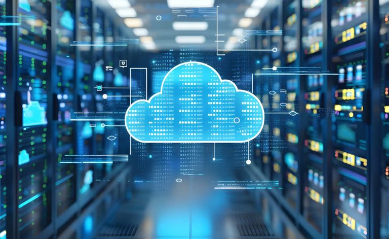 hybrid network architecture concept - a data centre is shown with cloud at its center