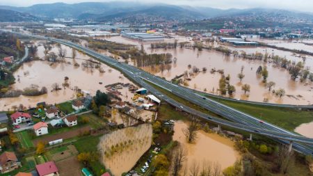 Urban layout impacts flood resilience and intensity of flooding Aerial drone view of urban flooding.
