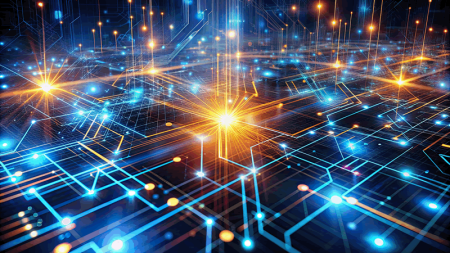 Cyber resilience concept: A futuristic digital background with glowing circuits, pulsing lights, and intricate networks.