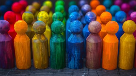 A mixed group of rainbow coloured wooden pawns.